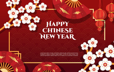 Naklejka premium Lantern Flower Fan Happy Chinese New Year Celebration Red Greeting Card