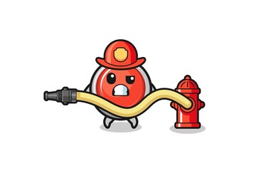 emergency panic button cartoon as firefighter mascot with water hose