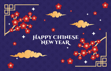 Fototapeta na wymiar Flower Cloud Happy Chinese New Year Celebration Blue Greeting Card