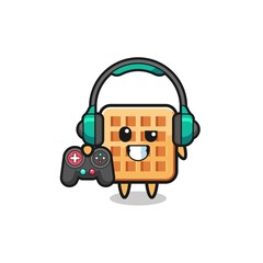 waffle gamer mascot holding a game controller