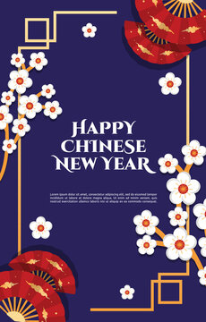 Flower Fan Happy Chinese New Year Celebration Blue Greeting Card