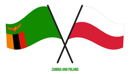 Zambia and Poland Flags Crossed And Waving Flat Style. Official Proportion. Correct Colors.