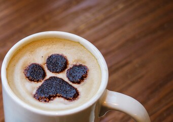 dog paw coffee latte art in white mug on wooden table at pet cafe