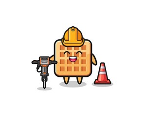road worker mascot of waffle holding drill machine