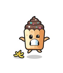 cupcake cartoon is slip on a banana peel