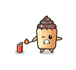 cupcake mascot illustration playing firecracker