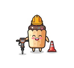 road worker mascot of cupcake holding drill machine