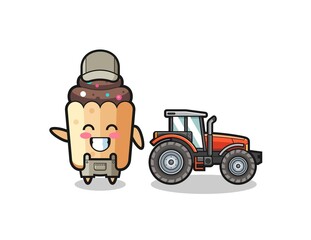 the cupcake farmer mascot standing beside a tractor
