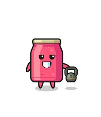strawberry jam mascot lifting kettlebell in the gym