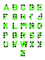 Braille alphabet, abc with letters, punctuation and numbers.Table for alphabet education, learning.