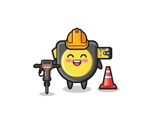 road worker mascot of tape measure holding drill machine