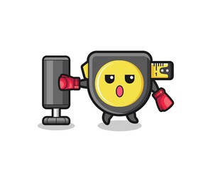 tape measure boxer cartoon doing training with punching bag