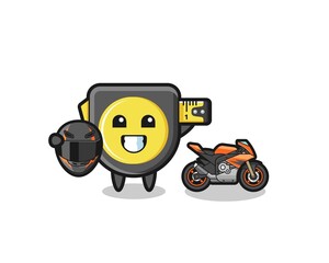 cute tape measure cartoon as a motorcycle racer