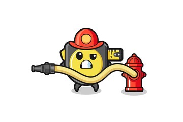 tape measure cartoon as firefighter mascot with water hose