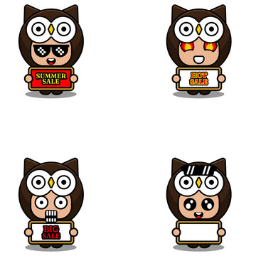vector cute cartoon character owl animal mascot costume set summer sale bundle collection