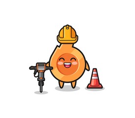 road worker mascot of whistle holding drill machine