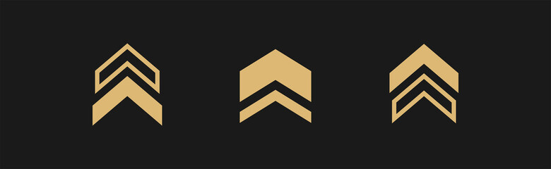 three golden squared arrows up icon. swipe up buttons set isolated on black. Upload icon.