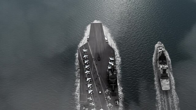 Usa Aircraft carrier with israel Battleship crossing the sea 
High altitude view of Aircraft carrier and saar 6 Battleship in the ocean
