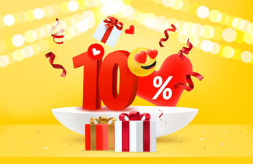 Ten percent discount. Valentines day sale banner. 3d vector illustration