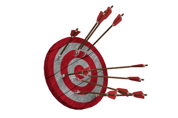 Red-white wood Target with Arrows isolated on white background 3d illustration