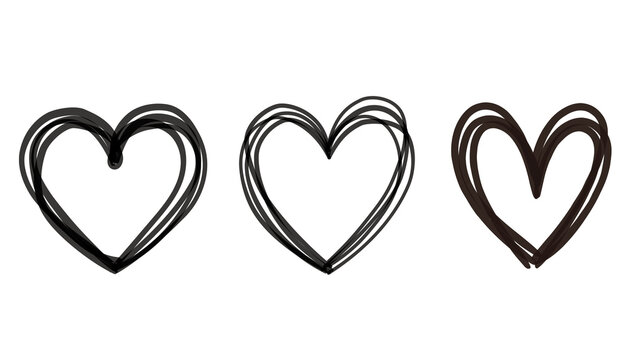 Black doodle heart, Vector hand drawn illustration set