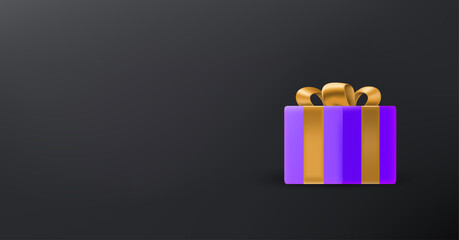 Violet gift box with golden bow on dark background. 3d banner with copy space