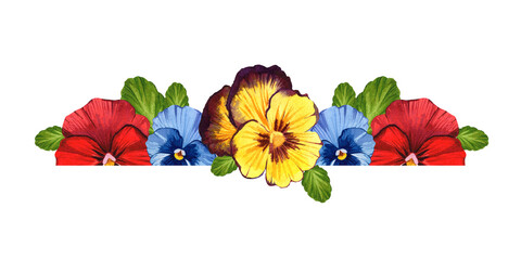 Bright and multi-colored pansy flowers. Horizontal banner. Watercolor illustration on isolated white background.