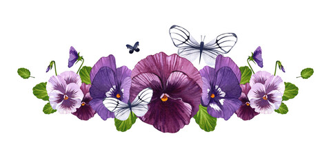 Pansies. Flowers and butterflies. Horizontal banner. Watercolor illustration on isolated white background.