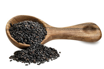 black sesame seeds in wooden spoon isolated