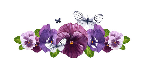 Multi-colored delicate pansies. Flowers and butterflies. Horizontal banner. Watercolor illustration on isolated white background.