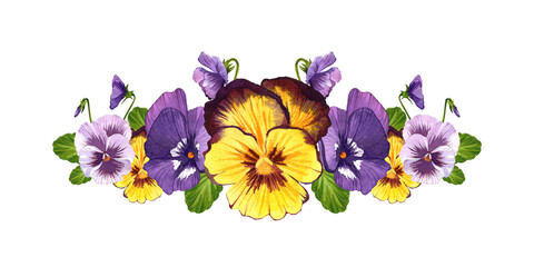Obraz na płótnie Canvas Pansies. Purple and yellow flowers. Horizontal banner. Watercolor illustration on isolated white background.