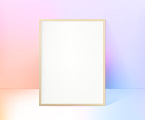 Wooded photo frame in bright interior with color light