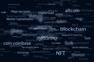 cryptocurrency lettering, block chain and decentralize coins, black background