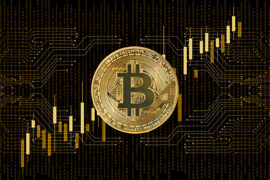 bitcoin on abstract printed circuits and bargraph  on black background