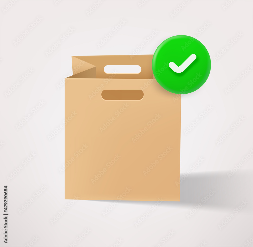 Poster paper shopping bag icon with checkmark. 3d vector icon