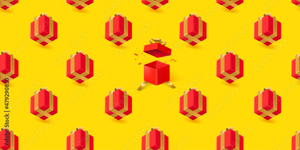 Poster vector seamless pattern with red gift boxes. 3d illustration