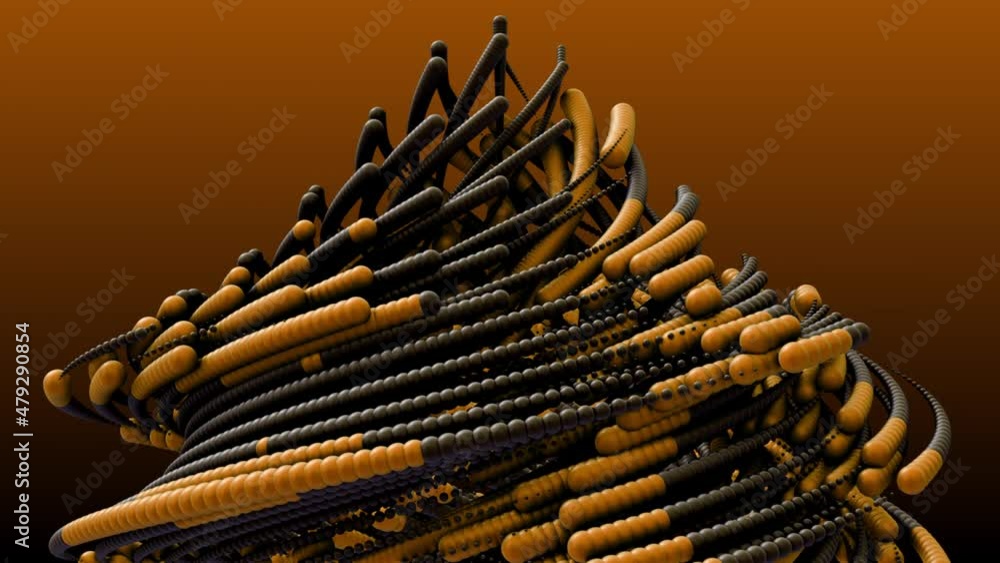 Poster modern animation of yellow and black spheres forming abstract and chaotic rotating form