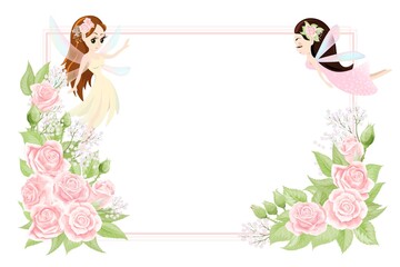 Cards for wedding invitation or birthday with tropical flowers and pixies