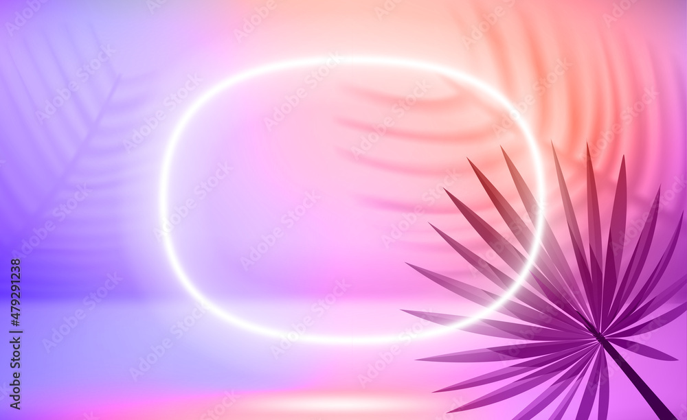 Poster holographic illuminated stage with neon frame. 3d vector illustration