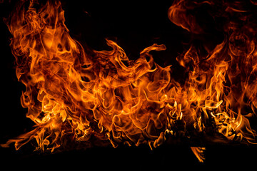 Fire blaze flames on black background. Fire burn flame isolated, abstract texture. Flaming...