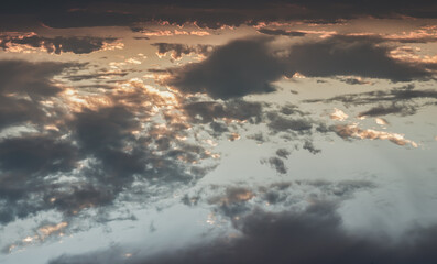 Beautiful sunset sky above clouds with dramatic light, Beautiful blazing sunset landscape, Space...