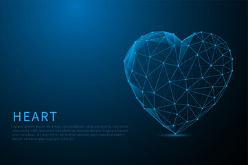 Abstract Heart icon from lines glowing blue on blue background. Low poly style design. abstract geometric background. Wireframe light connection structure.