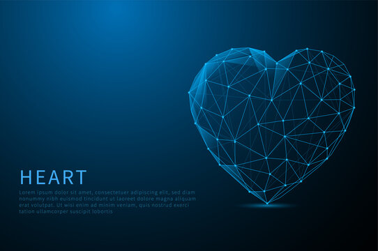 Abstract Heart icon from lines glowing blue on blue background. Low poly style design. abstract geometric background. Wireframe light connection structure.