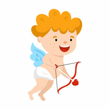 Cute cupid with bow and arrow. Cherub on Valentine Day. Postcard for February 14.