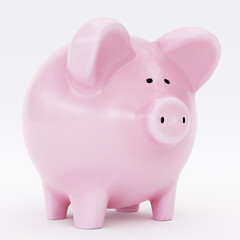 Piggy Bank 3D Render On White Background. Quarter View. Pink Pig with Black Eyes and Nose and Money Slit On Top. Cute Personal Bank.