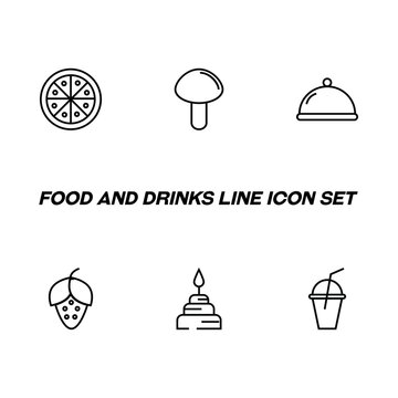 Food and drinks concept. Modern outline symbol and editable stroke. Line icon pack including signs of pizza, mushroom, bowl, cloche, strawberry, cake, disposable plastic cup for coctails