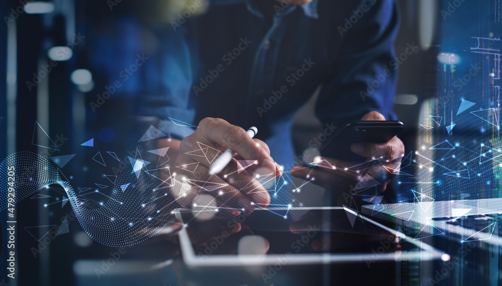 Poster digital technology, big data, iot internet of things concept. man using computer devices with ai tec