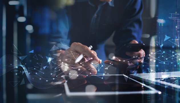 Digital technology, big data, IoT Internet of Things concept. Man using computer devices with Ai technology, futuristic network