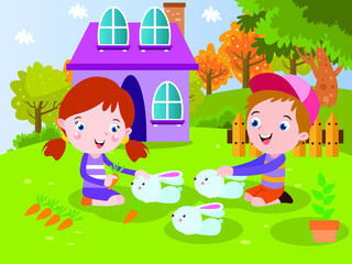 Obraz na płótnie Canvas Children vector concept: Little girl and little boy feeding rabbit with carrot while playing in the garden