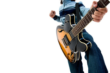 Boy playing electric guitar. White background with space for text.